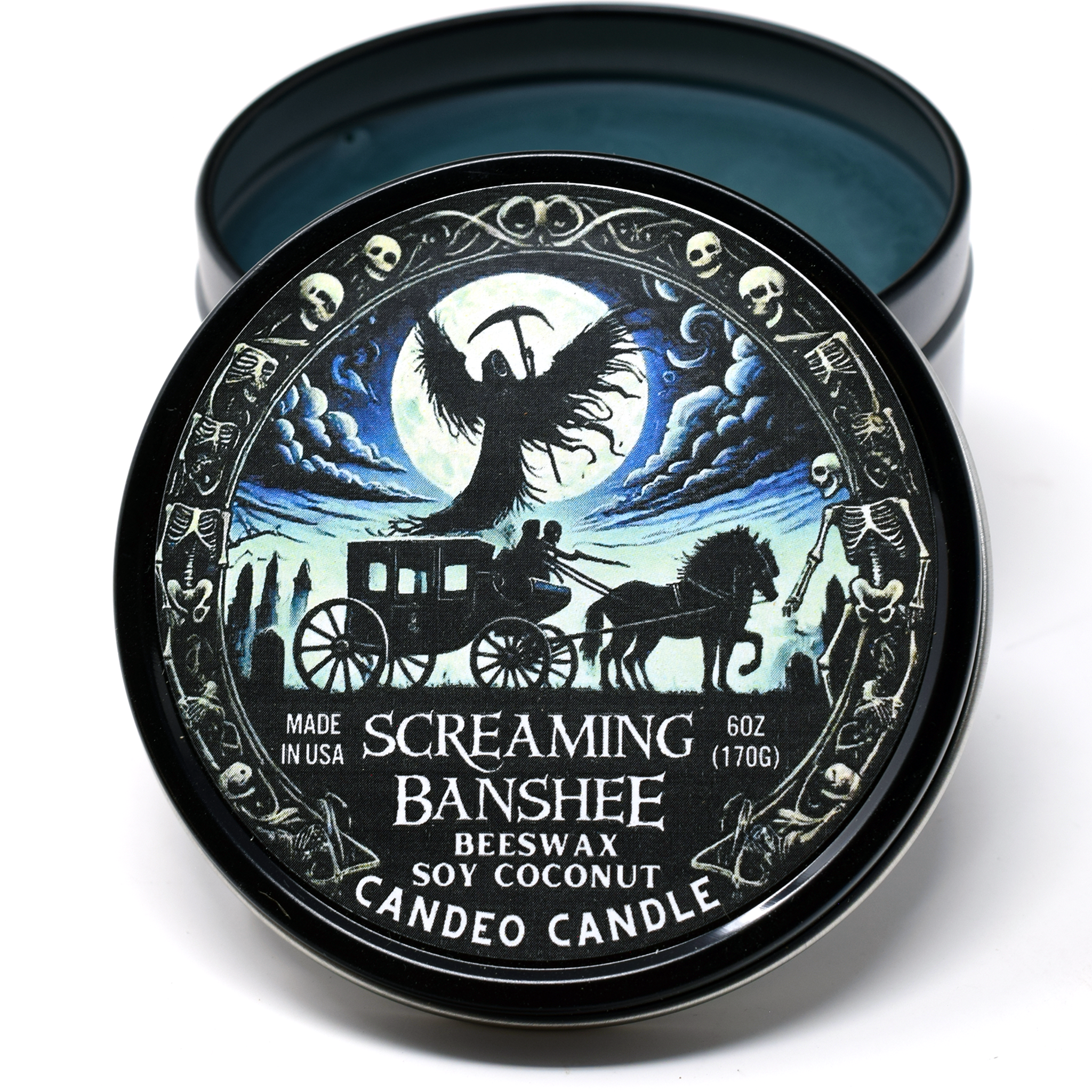 Screaming Banshee, 6oz Soy Candle Tin, Made with Soy Beeswax and Coconut, Halloween