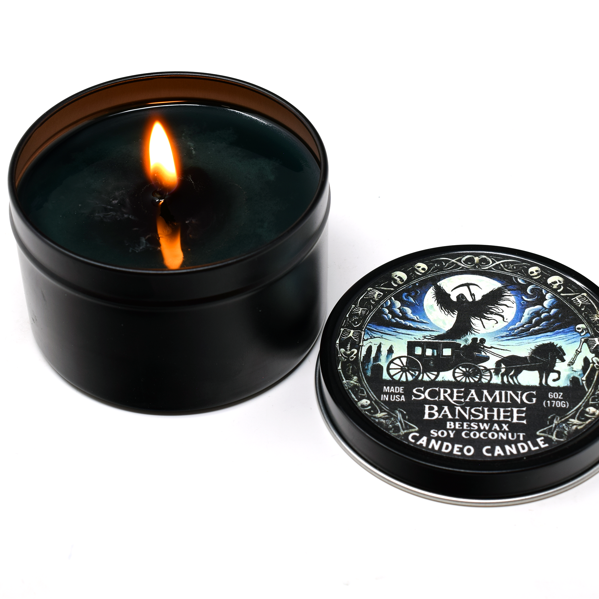 Screaming Banshee, 6oz Soy Candle Tin, Made with Soy Beeswax and Coconut, Halloween
