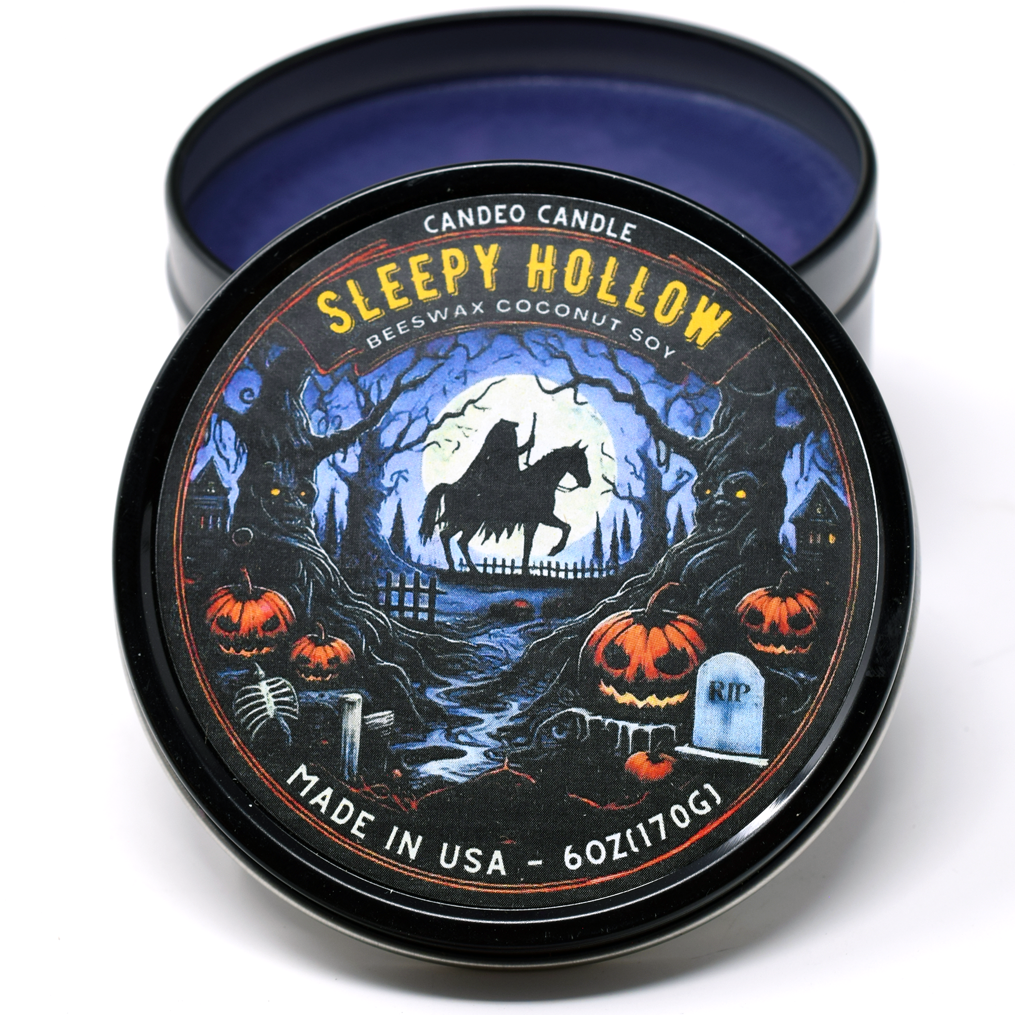 Sleepy Hollow, 6oz Soy Candle Tin, Made with Soy Beeswax and Coconut, Halloween