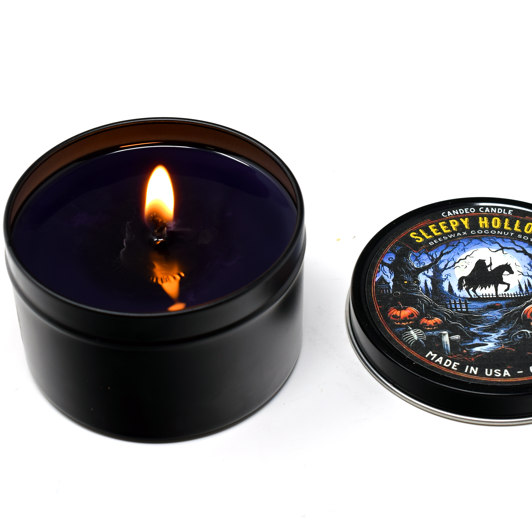 Sleepy Hollow, 6oz Soy Candle Tin, Made with Soy Beeswax and Coconut, Halloween